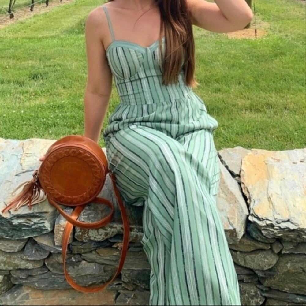 Band of Gypsies Moissanite Wide Leg Jumpsuit Women XS Sage Striped Smocked Boho